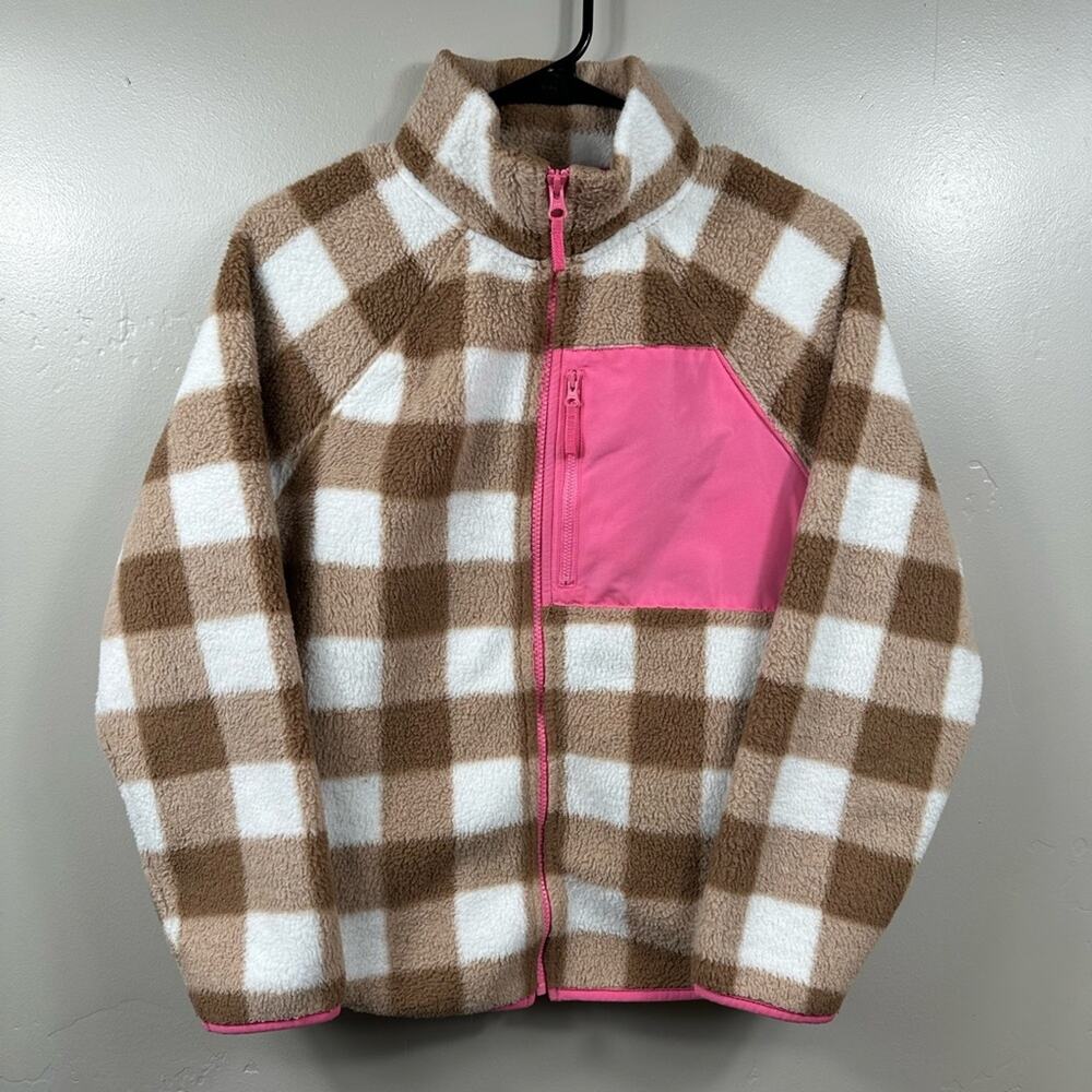 J. Crew Women’s Woven Sherpa Zip-Up Jacket Size XS Camel Brown and Pink Plaid